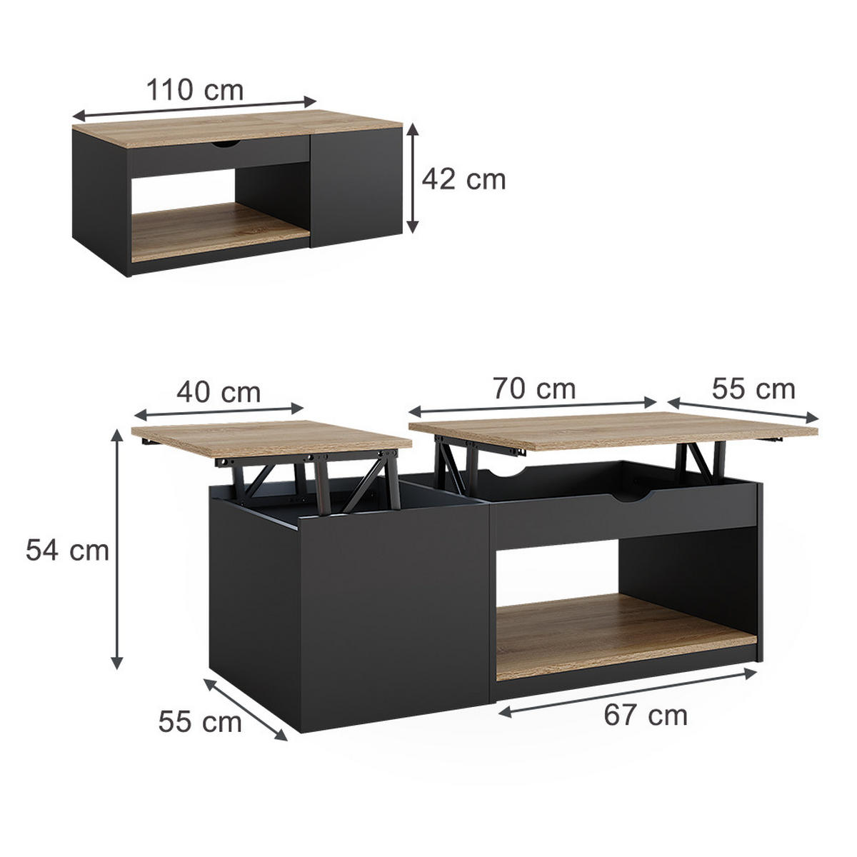 COUCHTISCH Avela Schwarz 110 x 110 cm - Schwarz/Sonoma Eiche, Holzwerkstoff (110/55/54cm) - Vicco