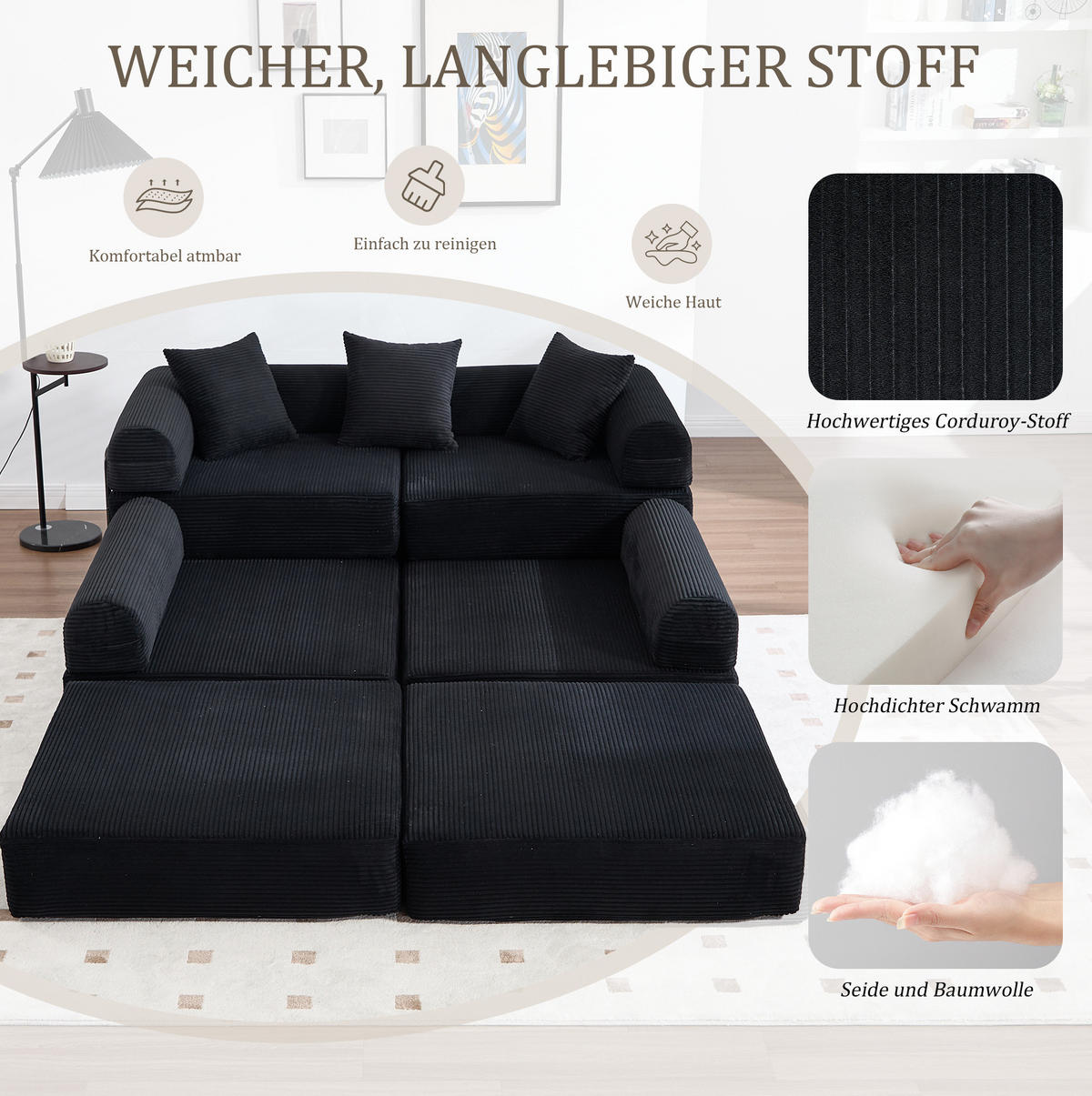 MODULSOFA 270/180/64 cm aus Cord mit Schlaffunktion und Stauraumtasche Schwarz - Schwarz, Textil (180/64/270cm) - Modenvie