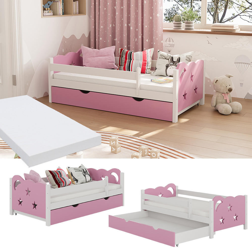 KINDERBETT Jessica Rosa/Weiß 70x140 cm mit Schublade und Matratze - Pink/Weiß, Holzwerkstoff (146/53/76cm) - VitaliSpa