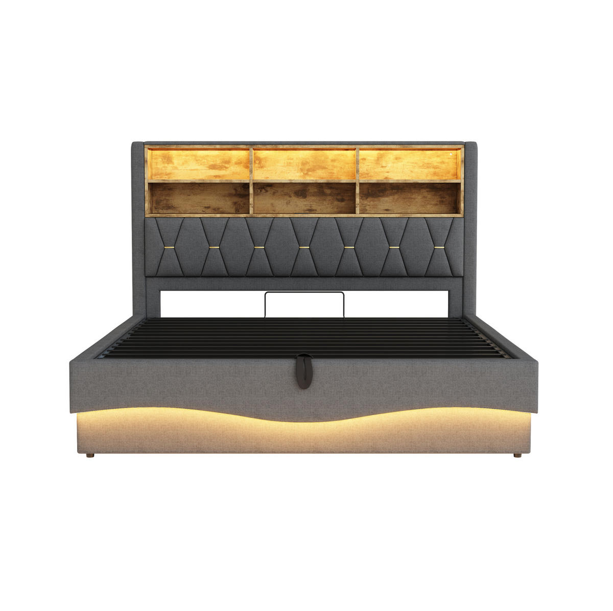 POLSTERBETT 180/200 cm mit LED-Beleuchtung, USB-Anschluss und hydraulischem Bettkasten, Grau - Grau, Metall (180/200cm) - Redom