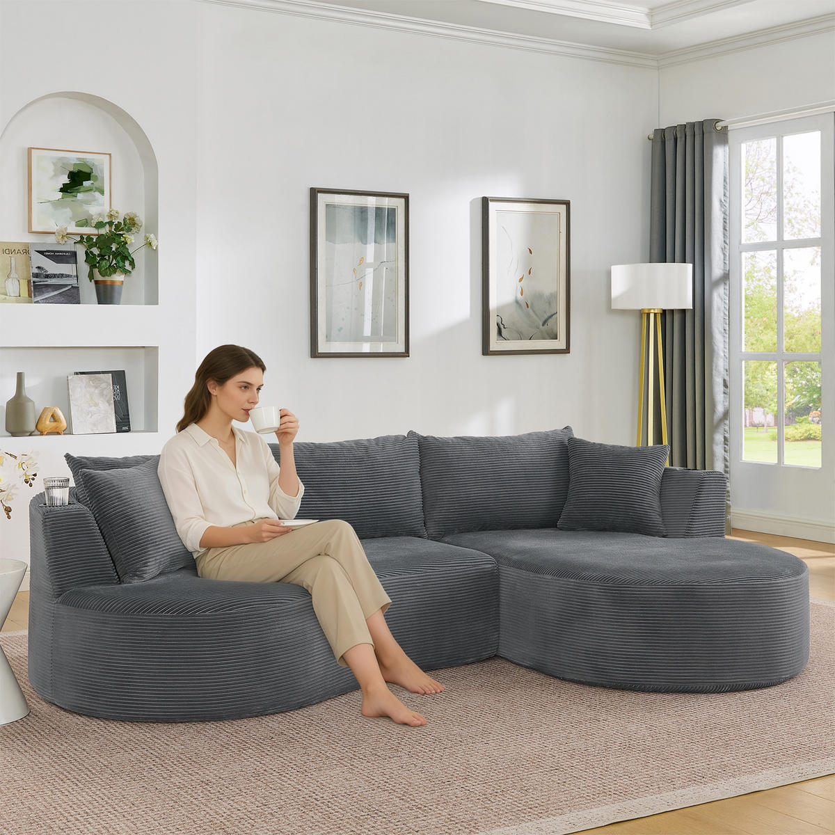3-SITZER ECKSOFA Cord Grau mit Getränkehaltern und Kissen - Grau, Textil (264/168cm) - WISHDOR