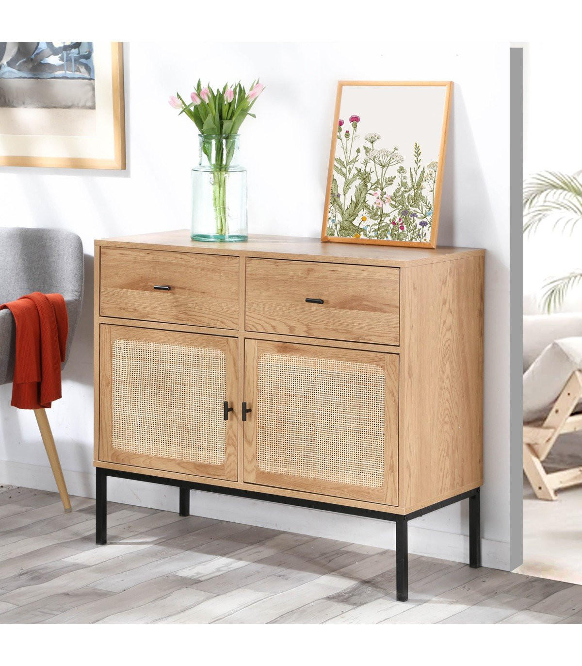 KOMMODE 2 Türen und 2 Schubladen mit Rattangeflecht - L90cm - Eichefarben, Holzwerkstoff (39/79/90cm) - Calicosy