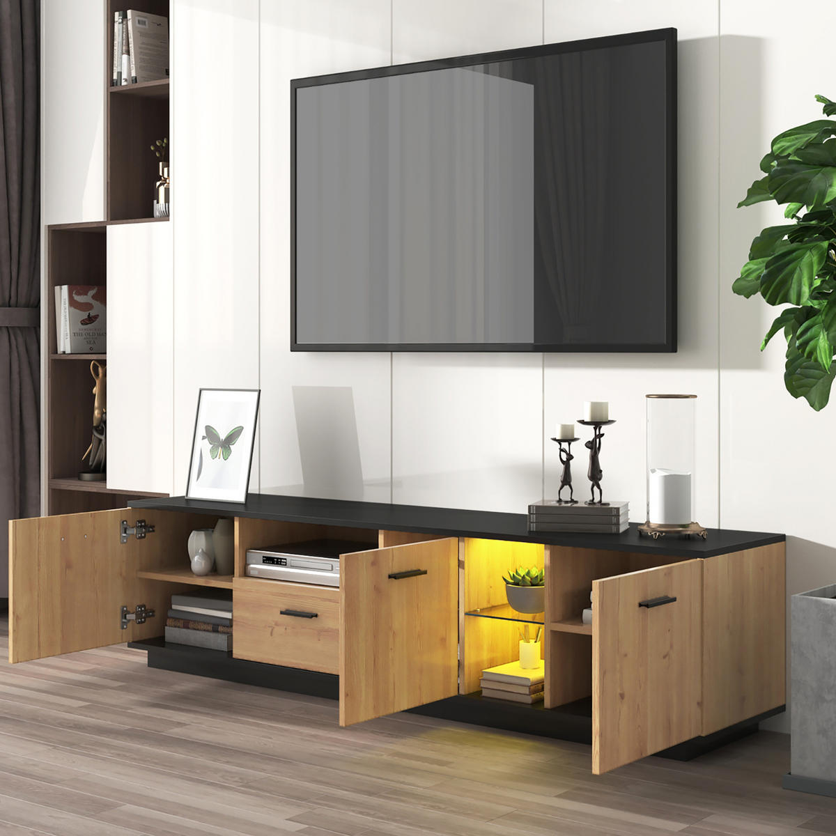 TV-LOWBOARD in Schwarz und Holzoptik mit LED und Stauraum 180/37/45 cm - Eichefarben, Holzwerkstoff (180/45/37cm) - Redom
