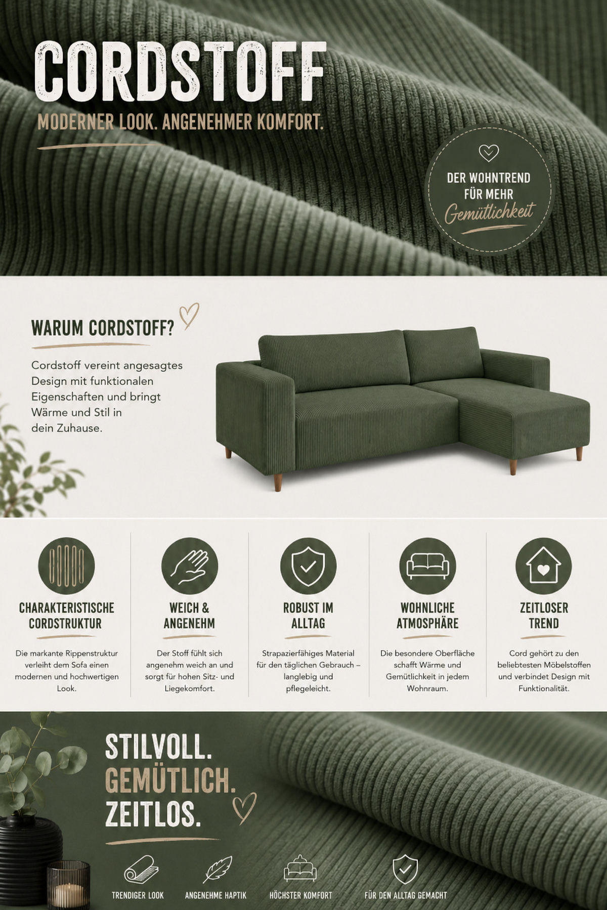 ECKSOFA mit Schlaffunktion und Bettkasten Rio, Ecksofa Cordstoff Grün, Ottomane Universal, 249x142 cm - Grün, Textil (249/142cm) - Marpur