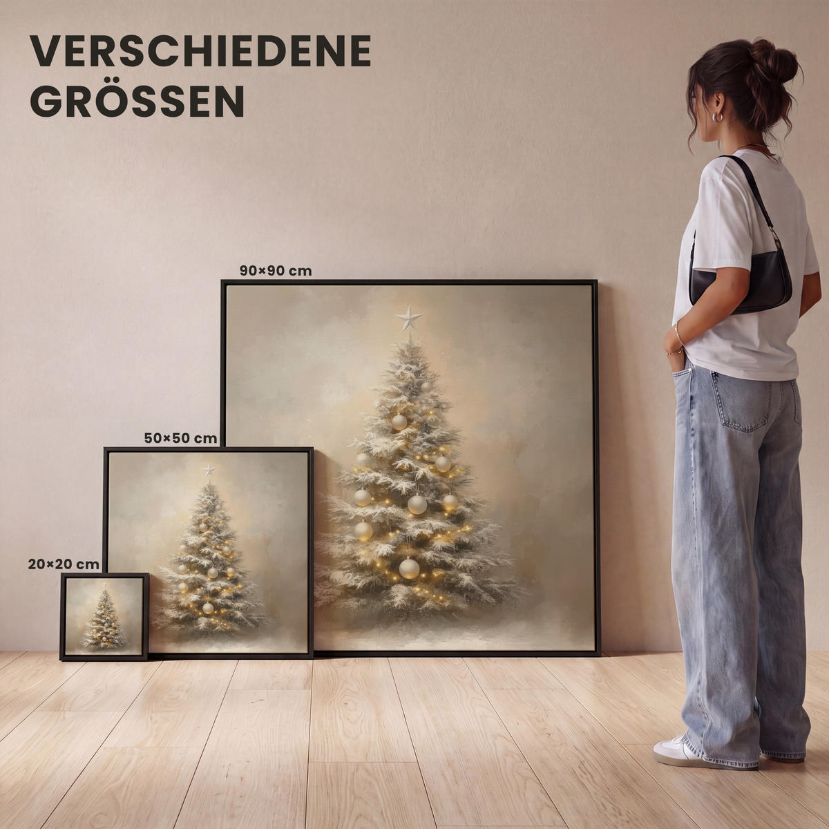 LEINWAND Bilder mit Rahmen - Weihnachten - Weihnachtsbaum - Schnee - Kunst - 20x20 - Champagner, Textil (20/20cm) - MuchoWow