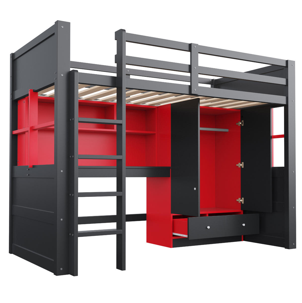 HOCHBETT 90/200 cm aus Holz mit Leiter und Tisch, Schwarz-Rot - Schwarz, Holz (90/200cm) - OKMYHOME