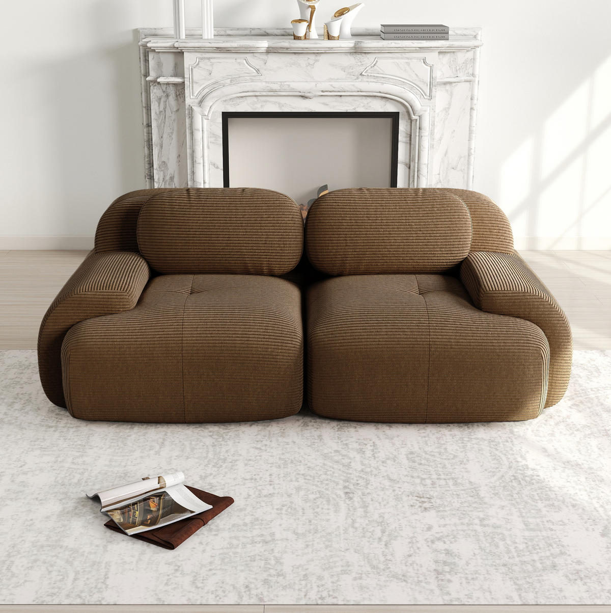MODULÁRNÍ rohová pohovka z manšestrové látky hnědá bez rámu s měkkým polstrováním - hnědá, textil (103/75/208cm) - OKWISH