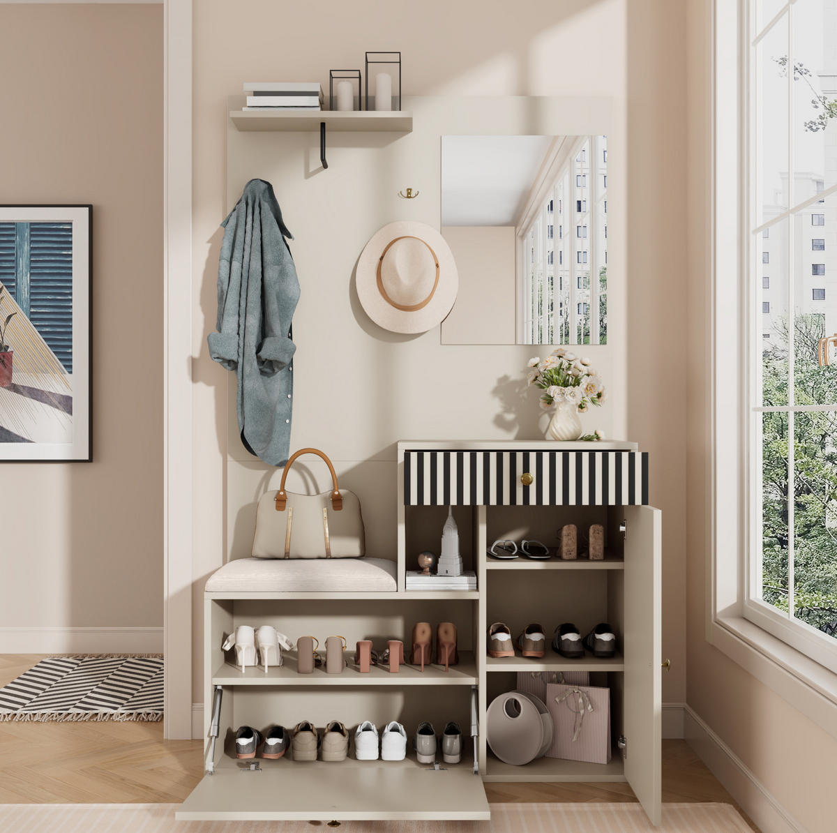 GARDEROBE 110/185,5/37 cm aus MDF mit Spiegel und Sitzfläche - Beige, Holzwerkstoff (37/185.5/110cm) - OKMYHOME