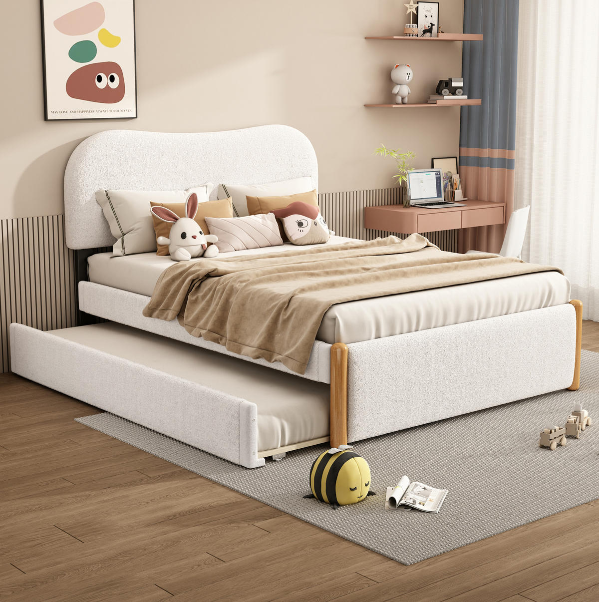 POLSTERBETT aus Plüsch und MDF 140x200 cm Weiß mit ausziehbarem Rollbett und minimalistischem Design - Weiß, Textil (140/200cm) - Modfu