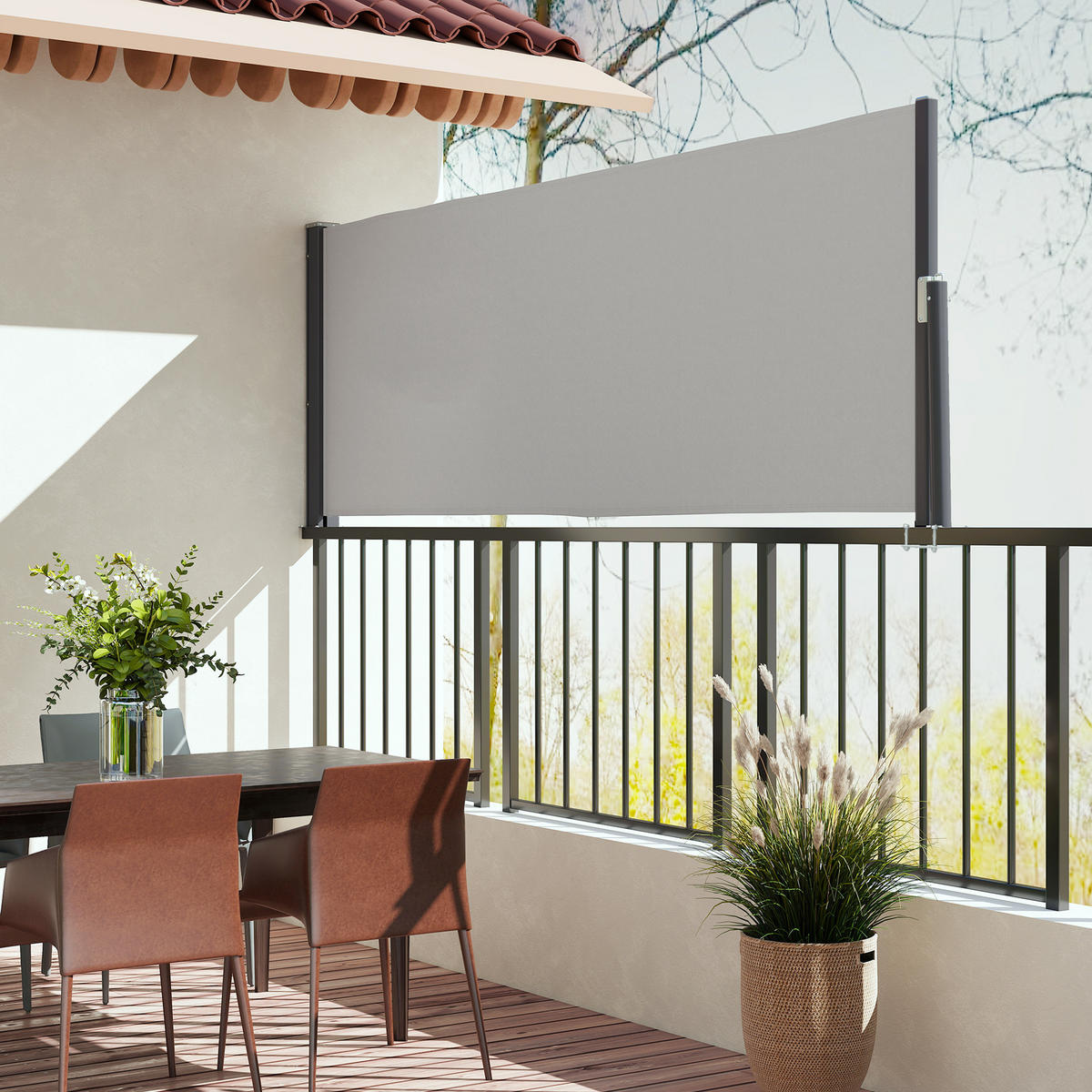 SEITENMARKISE, Hellgrau, 300L x 100H cm/300L x 140H cm, Polyesterstoff, Metall - Hellgrau, Kunststoff (3.5/100cm) - Outsunny