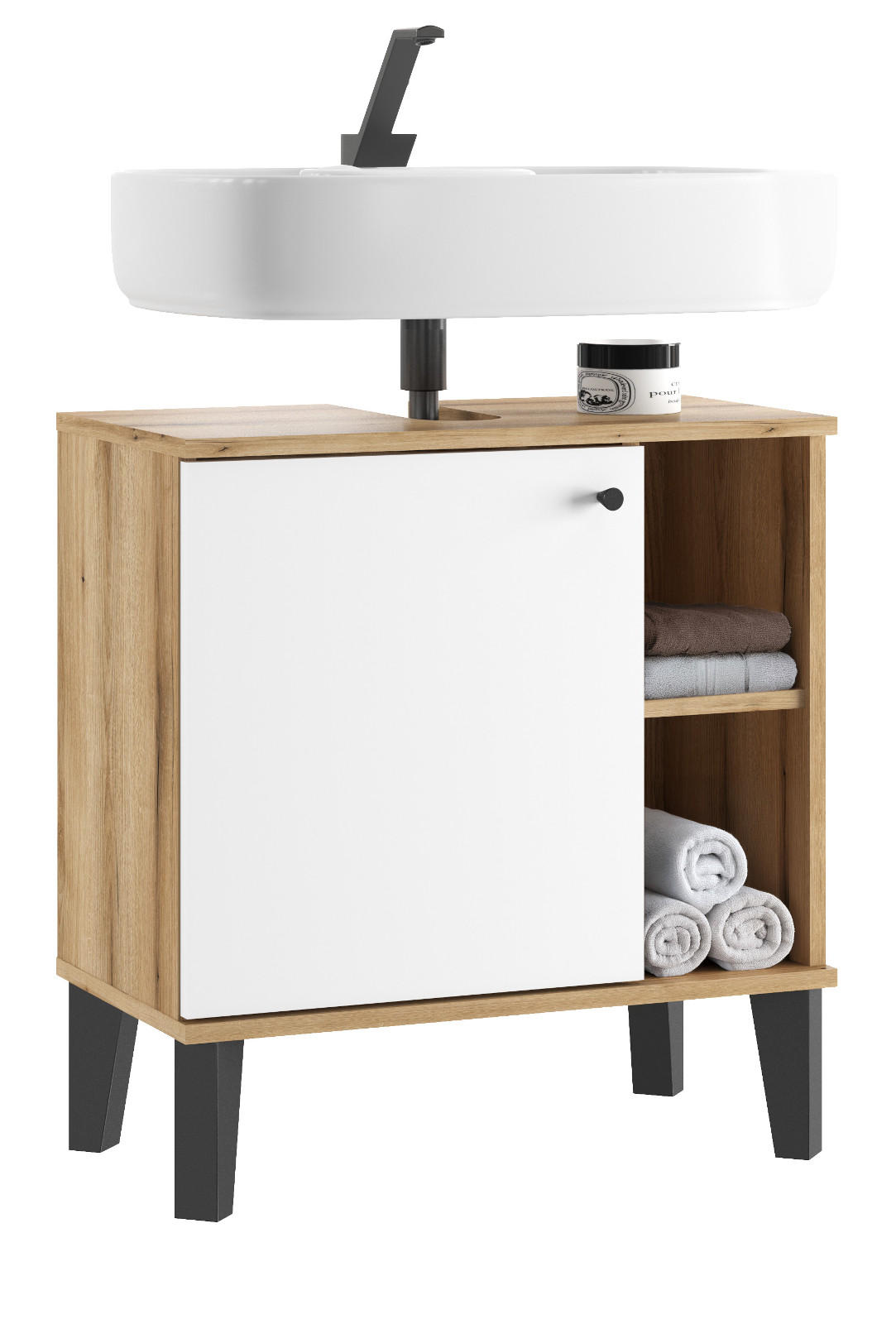 WASCHBECKENUNTERSCHRANK weiß, Evoke Eiche, Badezimmer Unterschrank, 60 cm - Eichefarben/Schwarz, Holzwerkstoff/Kunststoff (60/65/33cm) - Furn.Design