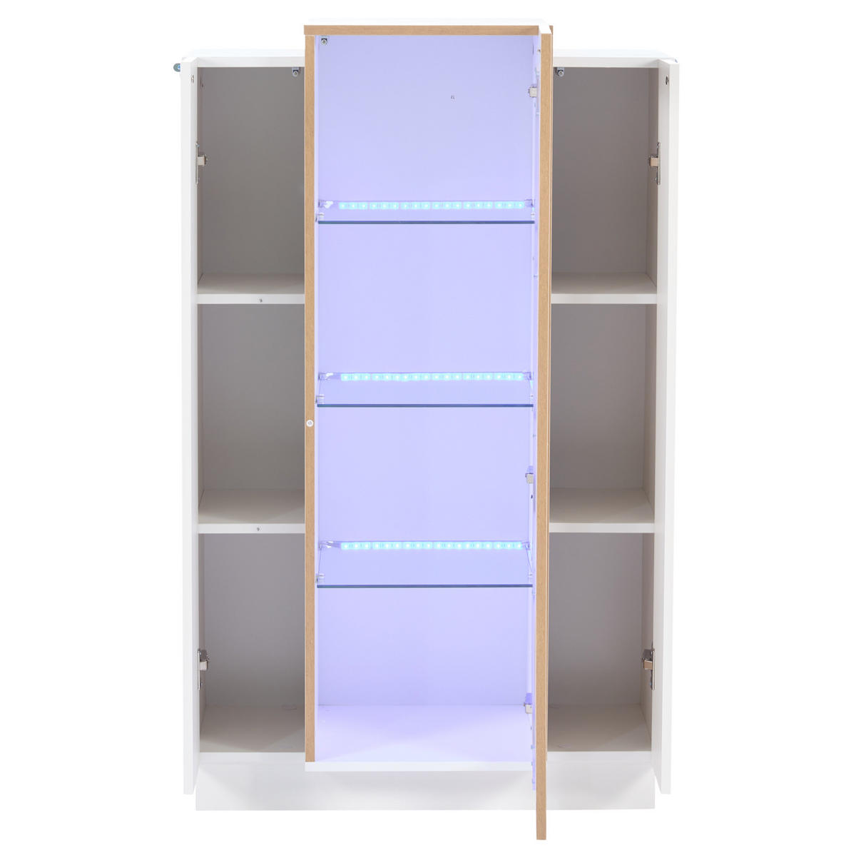 VITRÍNA 74/40/120 cm se 3 dvířky, LED osvětlením, skleněnými policemi a USB napájením, Bílá/přírodní - bílá, kompozitní dřevo (74/120/40cm) - Redom