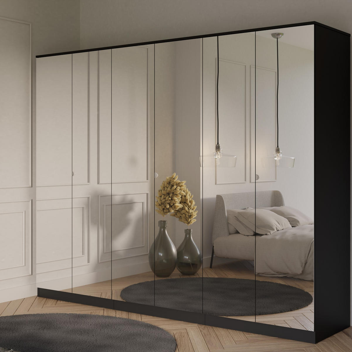 DREHTÜRENSCHRANK mit Spiegel Monza 6D 240 Schwarz - Schwarz/Grau, Holzwerkstoff/Metall (240/200/60cm) - mzm24