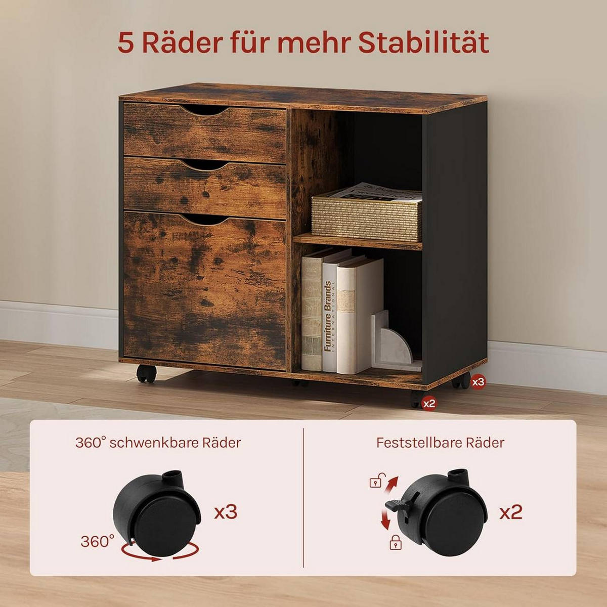 ROLLCONTAINER mit 3 Schubladen,5 Rollen, Rustikales Braun - Dunkelbraun/Schwarz, Holzwerkstoff (80/69.5/39.5cm) - Woltu