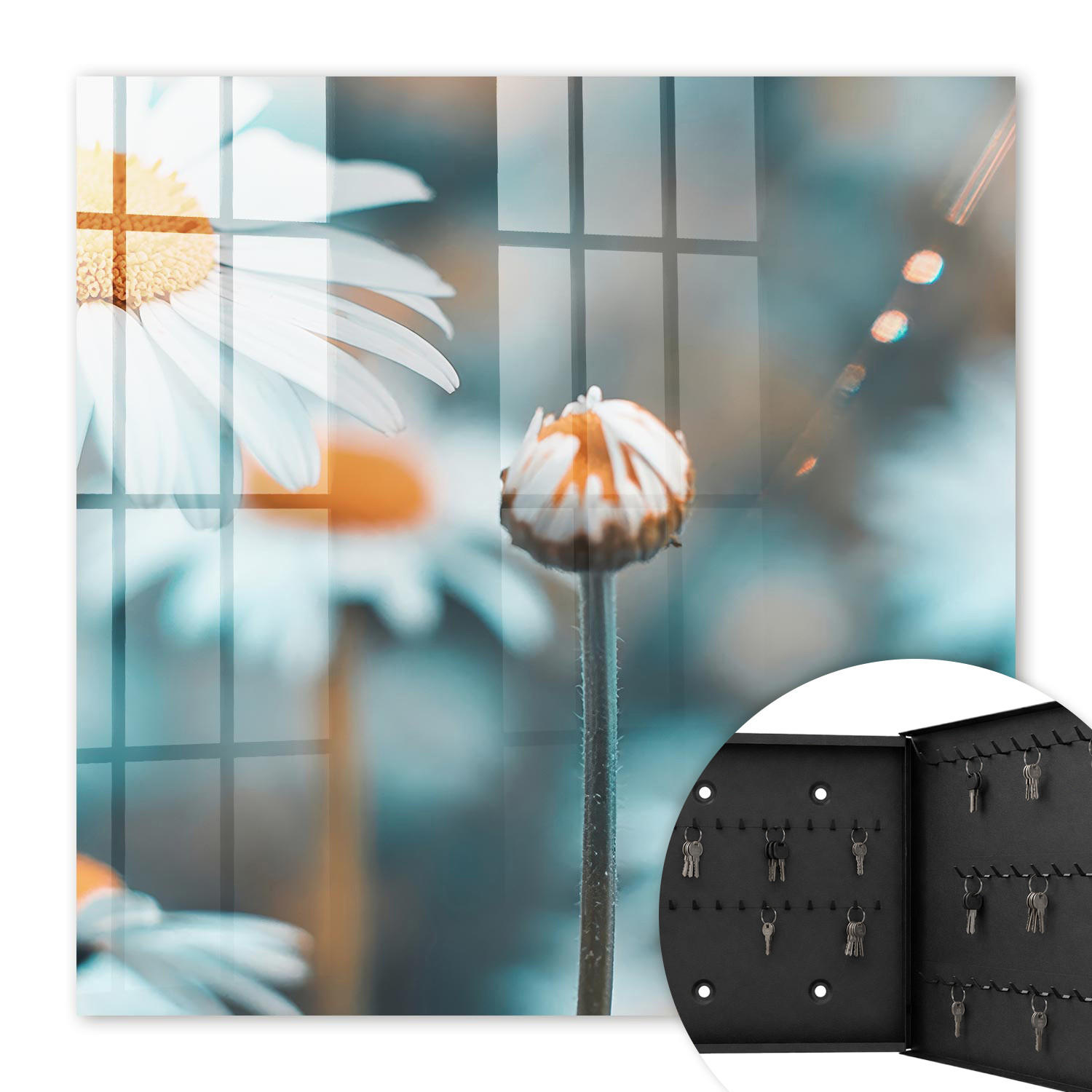 SCHLÜSSELBOX Schwarz 30x30 cm- Türöffnung nach rechts - Florale Leichtigkeit - Weiß, Metall (30/30/5cm) - TULUP