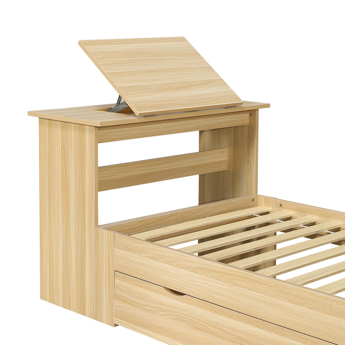 JUGENDBETT 90/200 cm in Natur mit Stauraum, Klapptisch und Kopfteilregal - Naturfarben, Holzwerkstoff - STILVORA