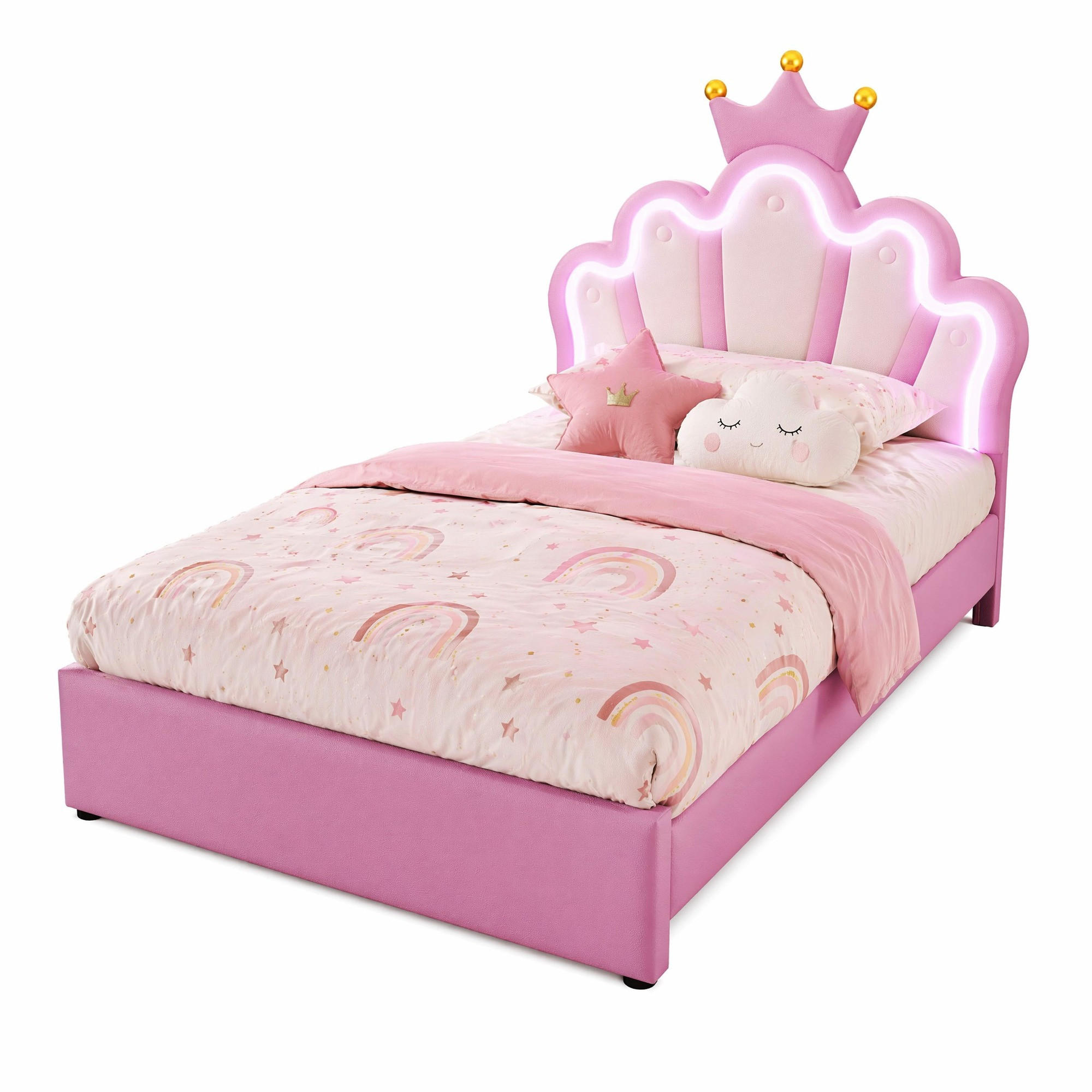 KINDERBETT 90/200 cm in Rosa mit 2 Schubladen, LED und Verstellbarem Kopfteil aus PU - Rosa, Holzwerkstoff/Textil (90/200cm) - CHICFURN