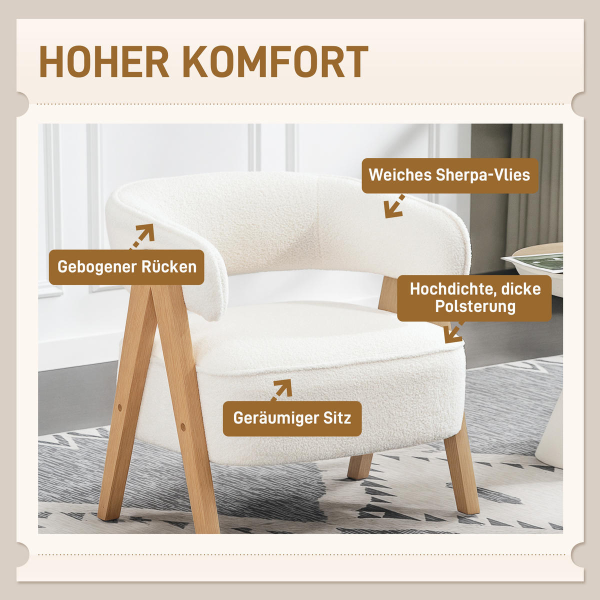 SESSEL gepolsterter Loungesessel mit Armlehnen, Fleece-Optik, Weiß - Weiß/Naturfarben, Holz/Textil (64/71/70cm) - HOMCOM