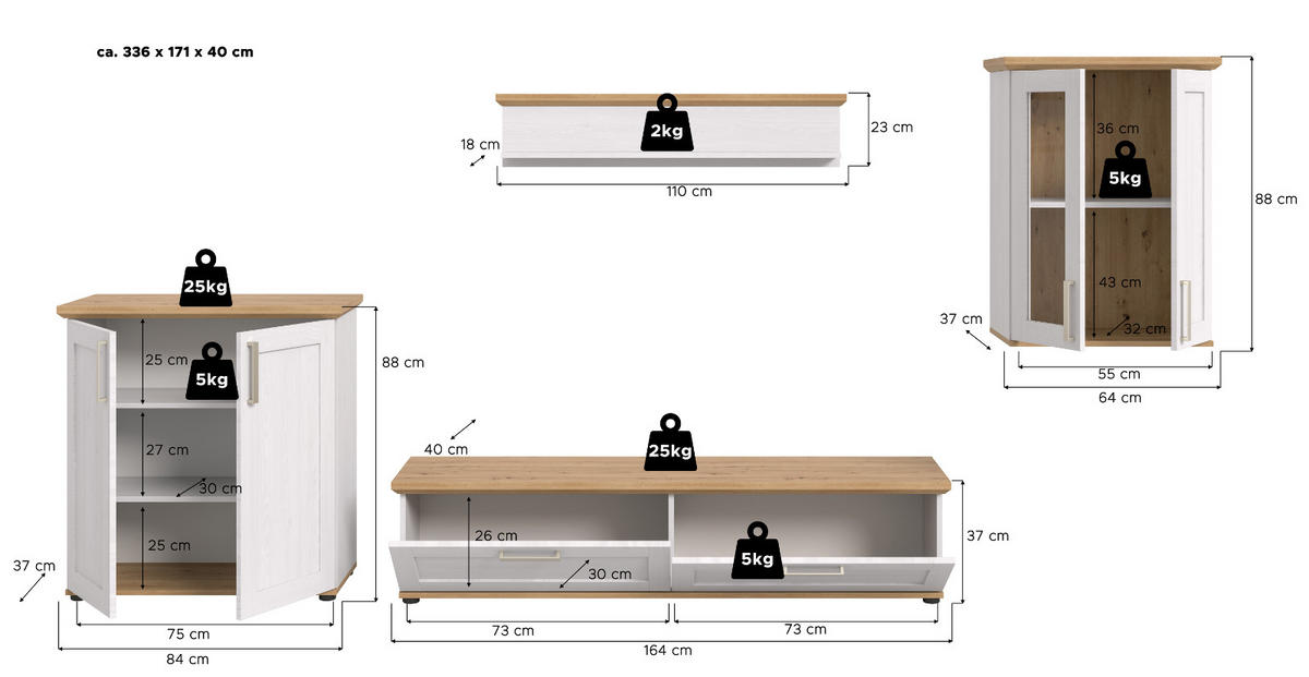 WOHNWAND 4-teilig weiß Lärche, Eiche Artisan 336 cm Landhaus, Schrankwand mit viel Stauraum - Silberfarben/Schwarz, Holzwerkstoff/Kunststoff (336/171/40cm) - Inn.Furn