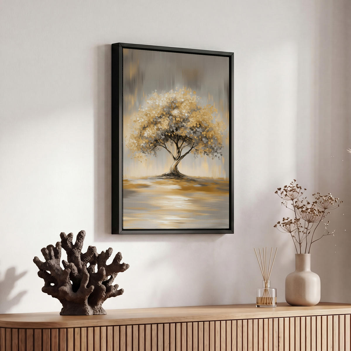LEINWAND Bilder mit Rahmen - Gemälde - Baum - Abstrakt - Blätter - 20x30 - Beige, Textil (20/30cm) - MuchoWow