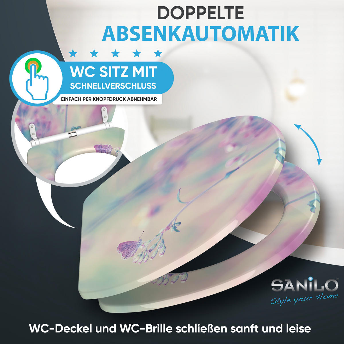 WC-SITZ mit Absenkautomatik & Top Fix Meadow - Lila, Holzwerkstoff (37.7/5.5/48cm) - Sanilo