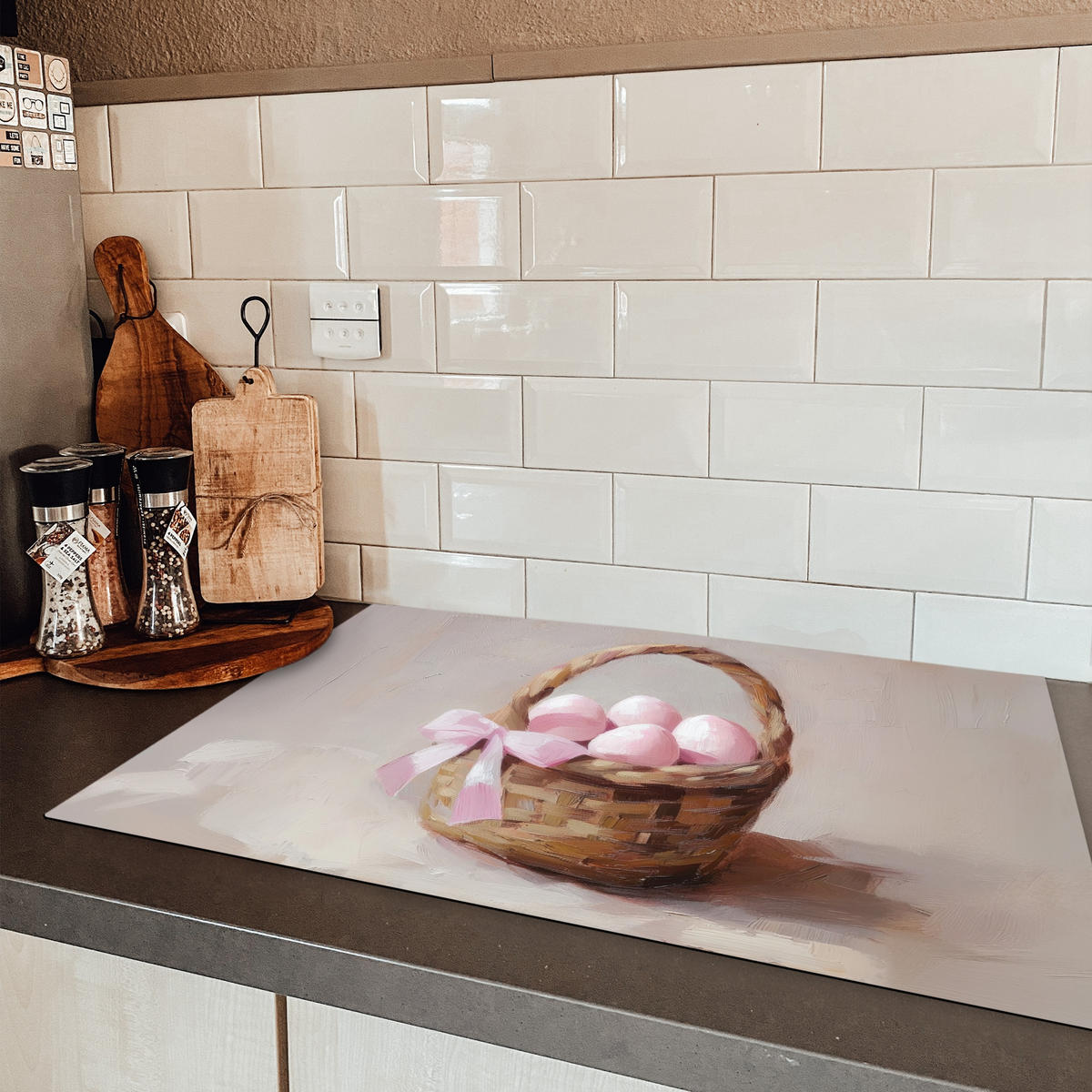 HERDABDECKPLATTE Korb - Eier - Rosa Ceranfeldabdeckung 80x52 cm - Beige, Kunststoff (80/52/0.2cm) - MuchoWow