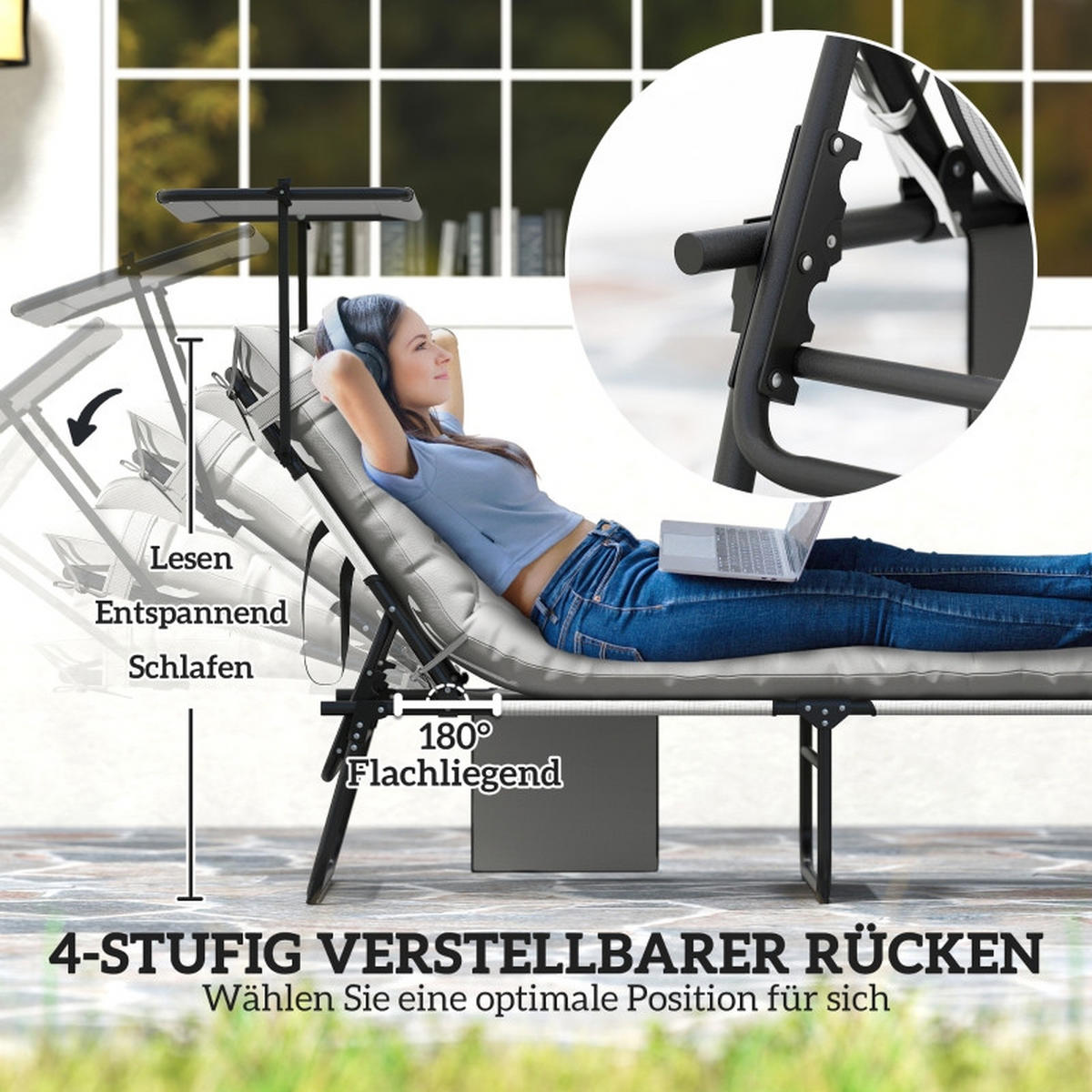 SONNENLIEGE Klappbar mit Dach Hellgrau - Grau, Metall (58/30/189cm) - ComfortXL