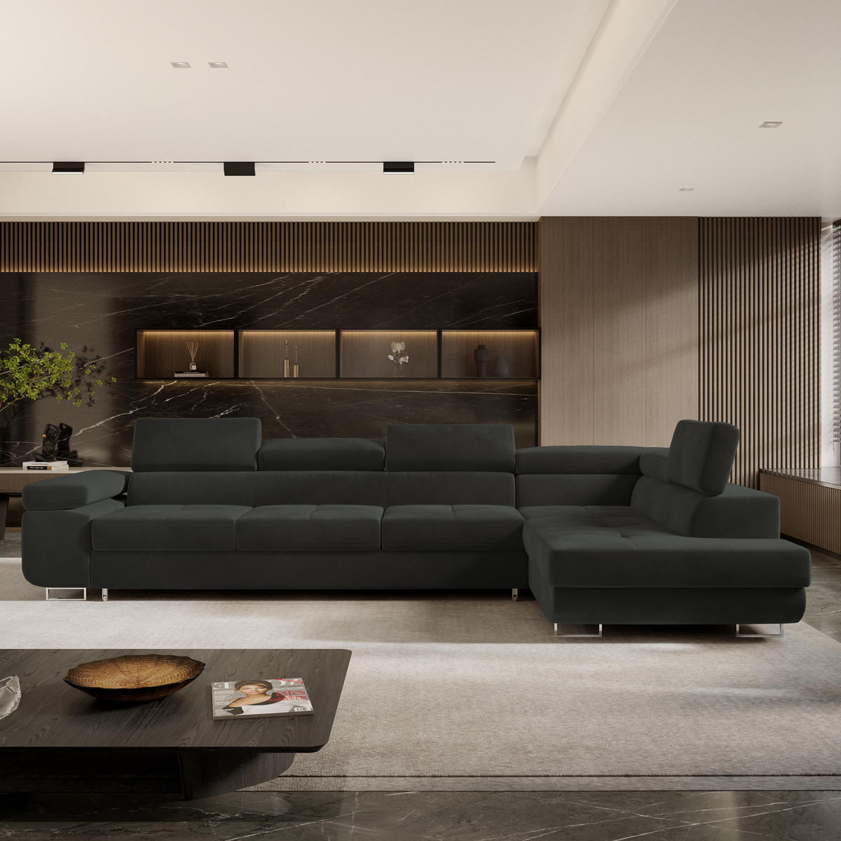 ECKSOFA VICENTE Schwarz Velours-Stoff mit Schlaffunktion - Schwarz, Holz (346/202cm) - MASSENO