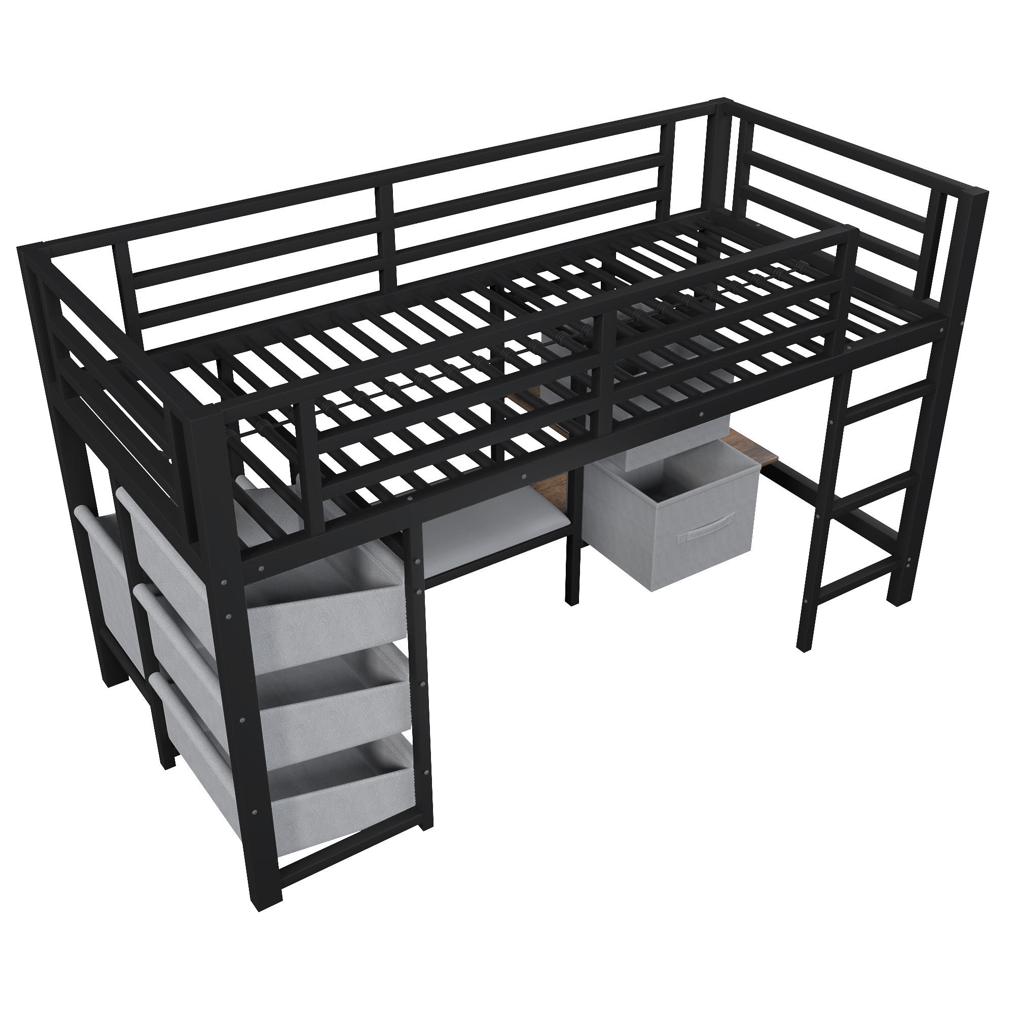 HOCHBETT 90/200 cm DE-04442, mit LED, Stoffschubladen und Kleiderhaken in Schwarz - Schwarz, Metall (90/200cm) - ComfortXL