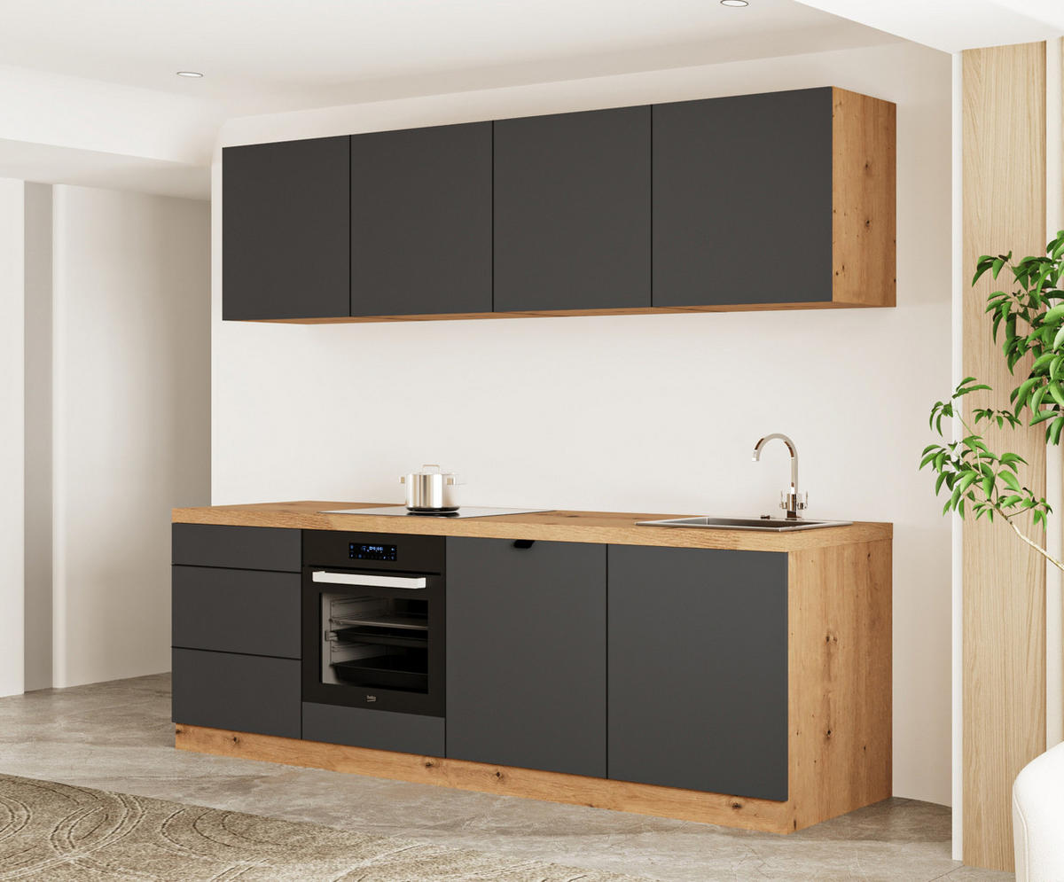 KÜCHENZEILE 240 cm - Langen KL28-M240 - in Grau/Matt - Grau, Holz (240/212/52cm)