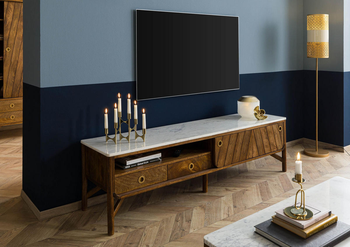TV-BOARD Mango 180x45x50 braun geölt / echter Marmor LOS ANGELES #02 - Braun, Holz (45/50/180cm) - Massivmoebel24