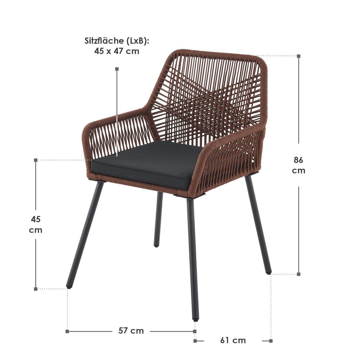 GARTENSTÜHLE Rope Kastos dunkelbraun (2er-Set) - Braun, Metall (57/86/61cm) - Juskys