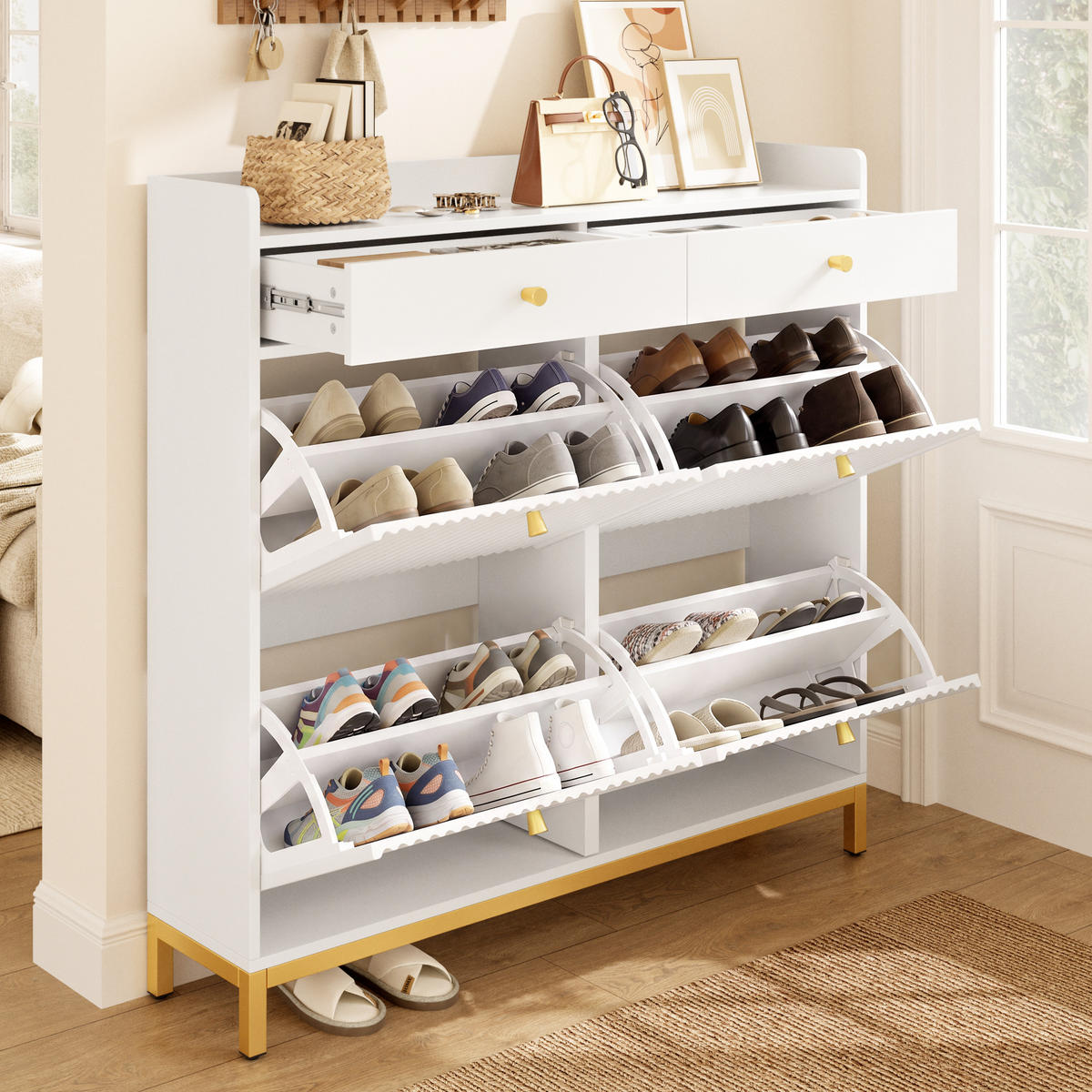 SCHUHSCHRANK 106.5x25x107cm Weiß mit 4 Klappen, 2 Schubl. - Weiß, Holzwerkstoff (106.5/107/25cm) - FLIEKS