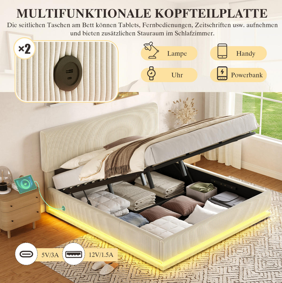 POLSTERBETT 180/200 cm mit LED-Beleuchtung, USB-C-Anschluss, höhenverstellbarem Kopfteil und Stauraum, Beige - Beige, Textil (180/200cm) - Redom