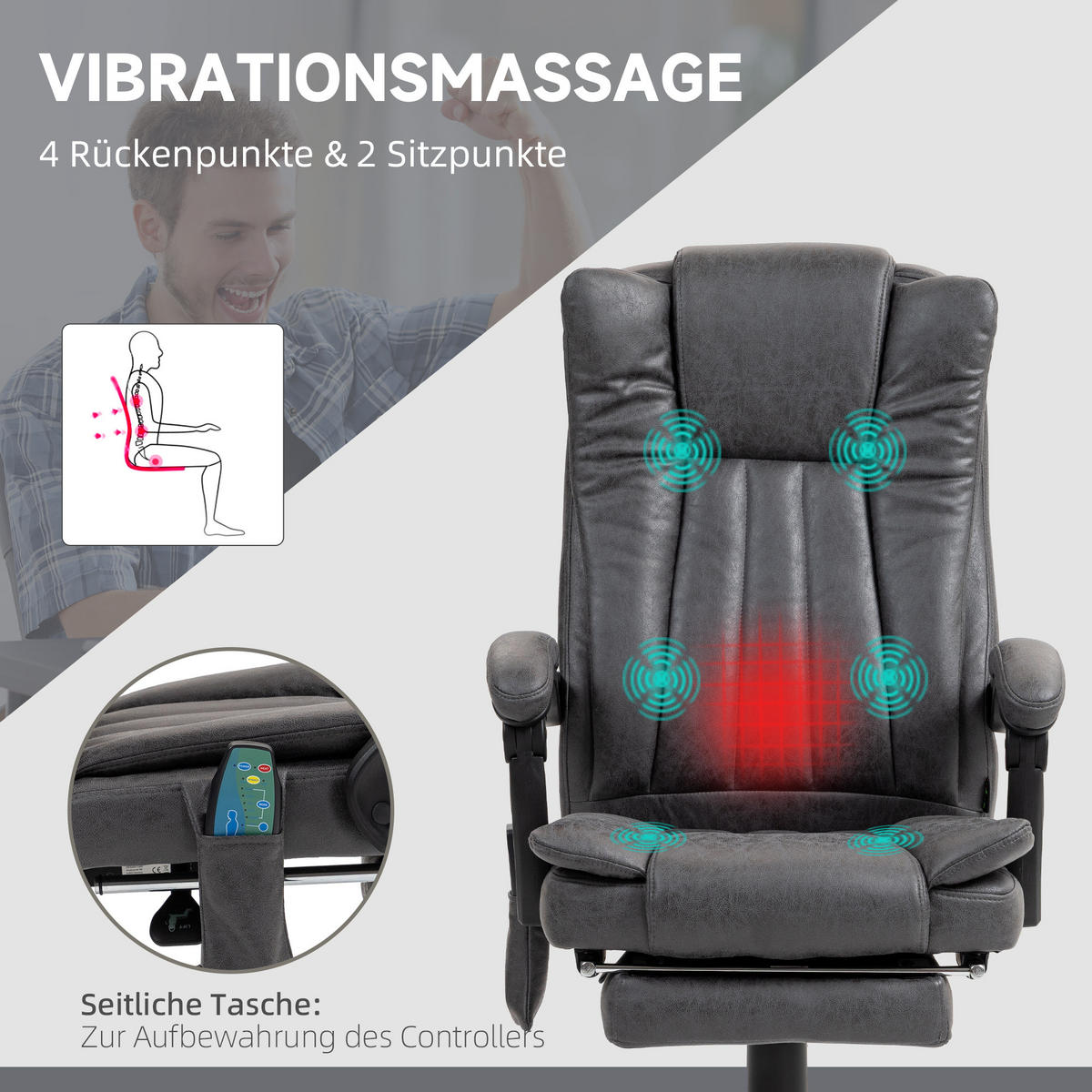 BÜROSTUHL mit Vibrationsmassage, Ergonomisch Schreibtischstuhl mit Liegefunktion - Grau, Kunststoff (70/120/62cm) - Vinsetto