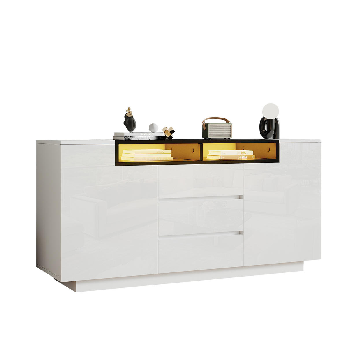 SIDEBOARD 140/40/68 cm mit LED-Beleuchtung, 2 Türen, 3 Schubladen, verstellbaren Einlegeböden und Hochglanzfront, Weiß/Schwarz - Weiß, Holzwerkstoff (140/68/40cm) - Redom