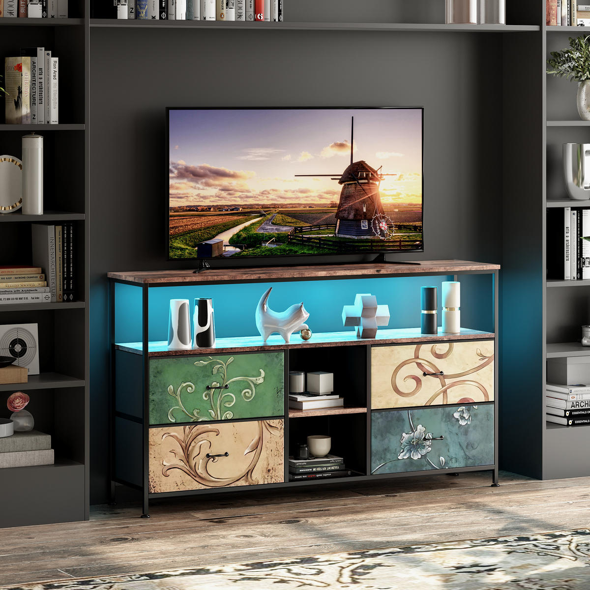 TV-SCHRANK 108 cm, LED, 4 Stoffschubladen bedruckt, Holz Tigerplatte, Metallrahmen, höhenverstellbar - Multicolor, Holz (108/76.8/29.8cm) - EuroLiving