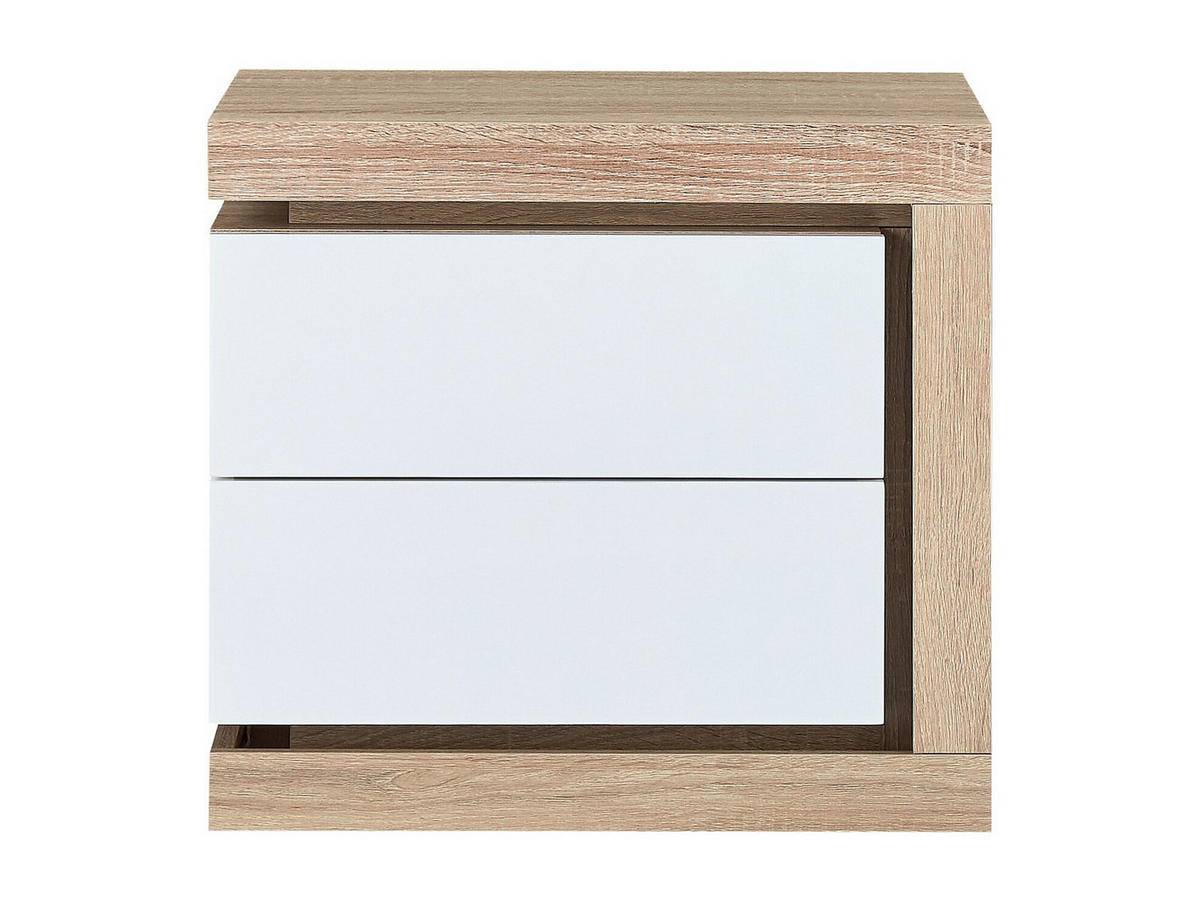 NACHTTISCH mit 2 Schubladen - rechte Seite - Mit LED-Beleuchtung - Weiß lackiert und Holzfarben - FLARANCIA - Naturfarben, Holz (50/45/40cm) - Vente-Unique
