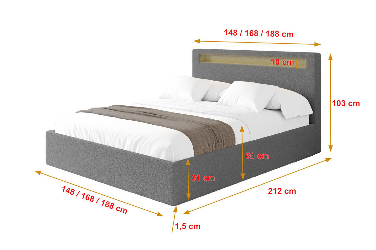 POLSTERBETT mit Bettkasten und Lattenrost, Boxbett ohne Matratze - GOLA 180x200 Grau - Schieferfarben, Holzwerkstoff/Textil (180/200cm) - ALTDECOR