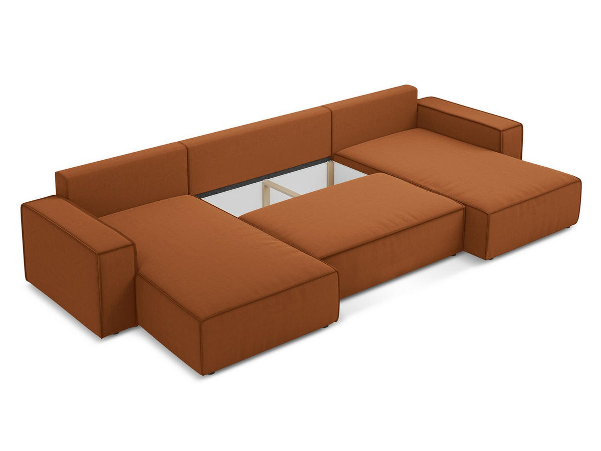 WOHNLANDSCHAFT Samt Stoff Orange - Terra cotta/Schwarz, Kunststoff/Textil (398/82/185cm) - Makamii