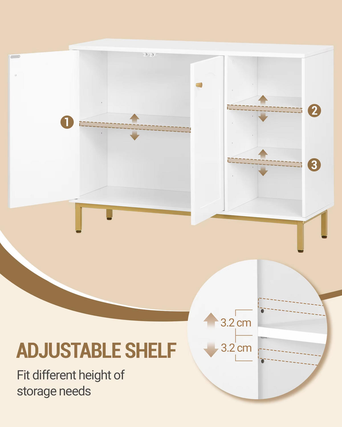 BADEZIMMERSCHRANK Weiß/Gold verstellbares Regal Sideboard - Weiß, Holz (100/70/35cm) - Kaket