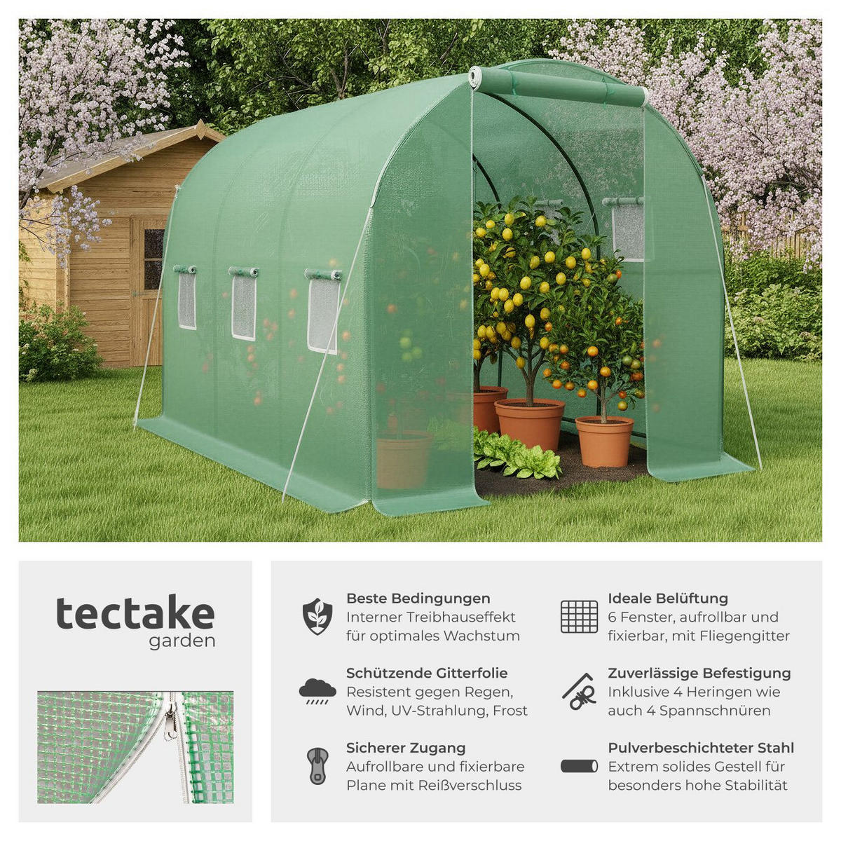 FOLIENGEWÄCHSHAUS, 343 x 200 x 200 cm, grün - Grün, Kunststoff (200/200/343cm) - tectake