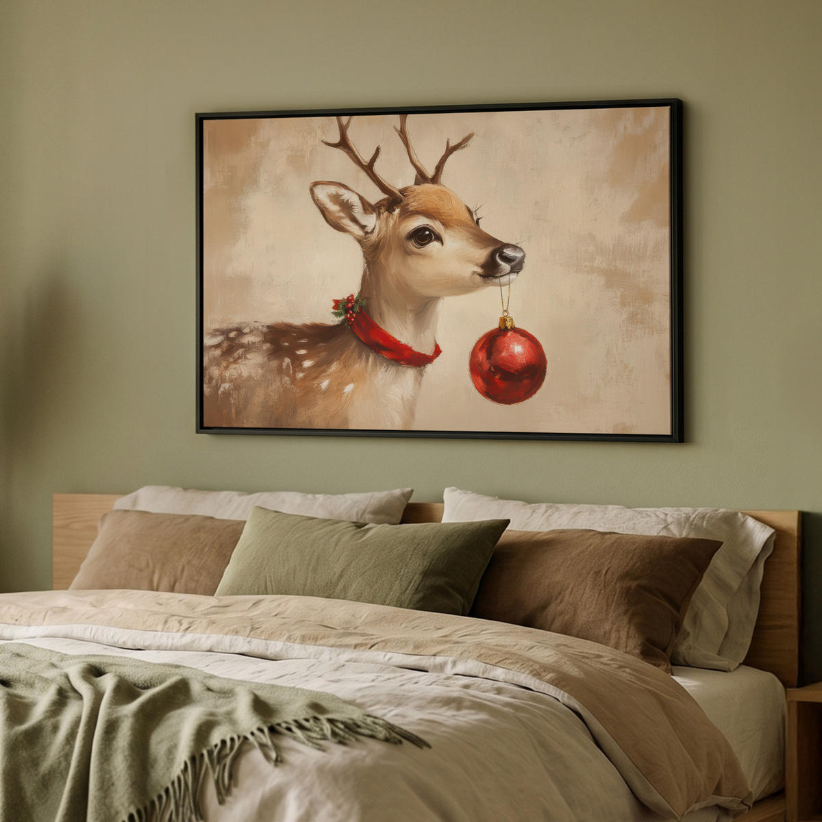 LEINWAND Bilder mit Rahmen - Weihnachten - Hirsch - Geweih - Weihnachtskugel - Rentier - 90x60 - Hellbraun, Textil (90/60cm) - MuchoWow