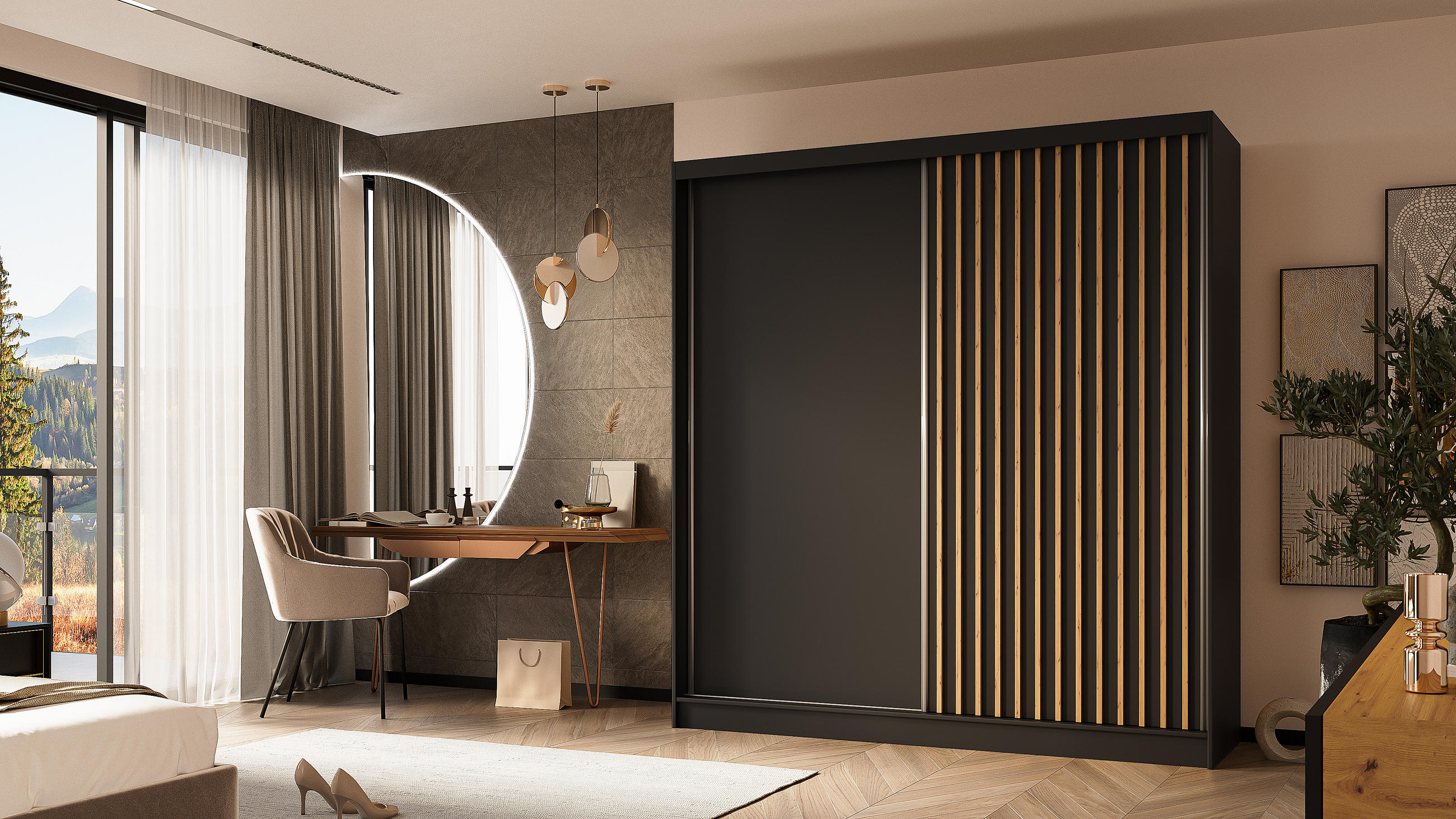 KLEIDERSCHRANK mit furnierten Schiebetüren und Aluminium-Leisten, LED-Beleuchtung - LABELO - 200 cm Schwarz+Schwarz+Artisan - Schwarz/Eiche Artisan, Holzwerkstoff (200/216/61cm) - ALTDECOR