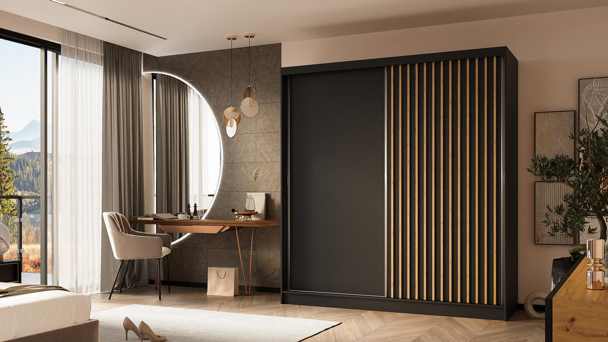 KLEIDERSCHRANK mit furnierten Schiebetüren und Aluminium-Leisten, LED-Beleuchtung - LABELO - 200 cm Schwarz+Schwarz+Artisan - Schwarz/Eiche Artisan, Holzwerkstoff (200/216/61cm) - ALTDECOR