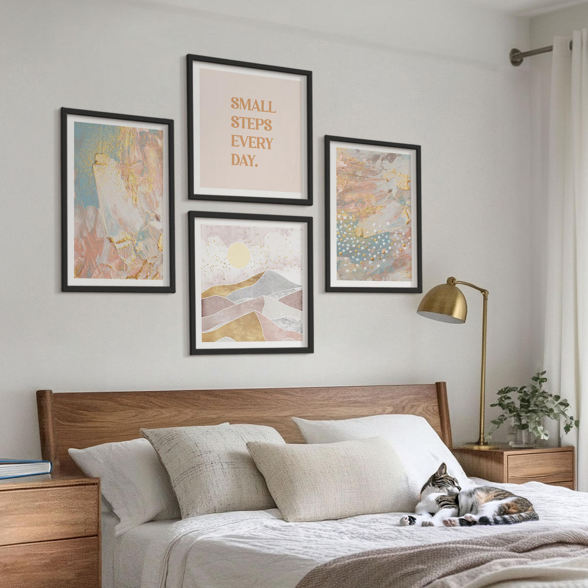 BILDER SET 4er Set - 50x50 cm & 40x60 cm Schwarzer Rahmen - Abstrakte Pastellmuster - Schwarz, Kunststoff (50/50cm) - TULUP