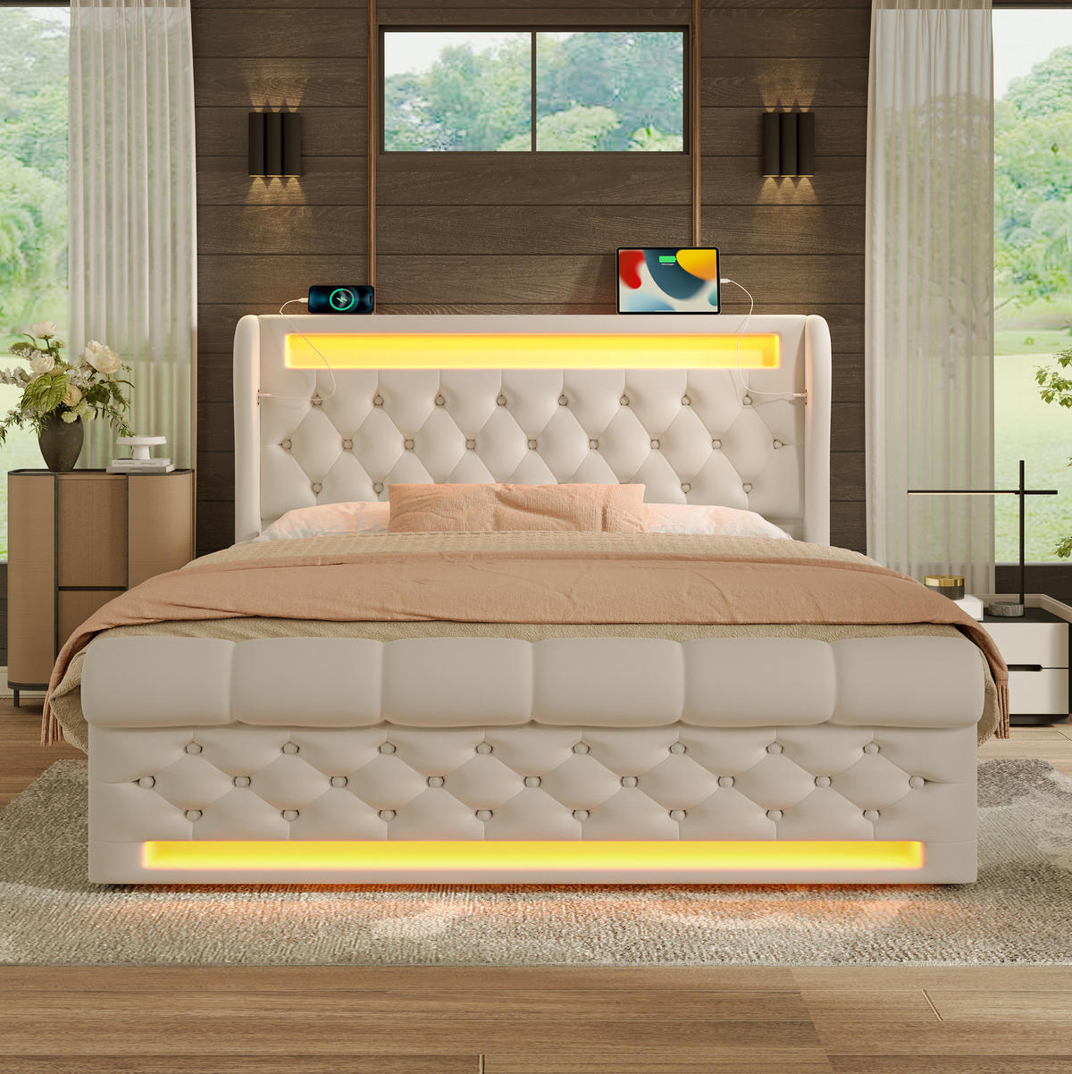 SAMT-POLSTERBETT 140/200 cm mit LED-Beleuchtung, Bettkasten und USB/Type-C - Beige, Textil (140/200cm) - BEAOK