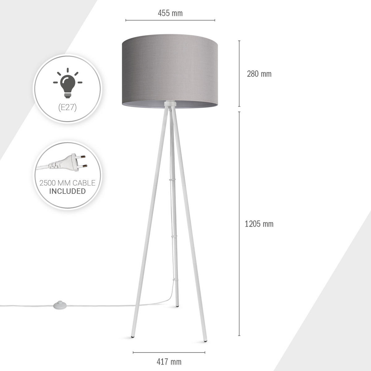 STEHLEUCHTE Trina Fl - Weiß/Grau, Metall (41.7/36.7/148.5cm) - Paco Home