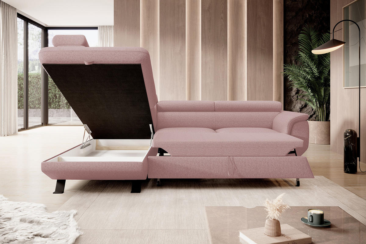 ECKSOFA RAVEN L mit Schlaffunktion und Bettkasten, Freistehend, Polstersofa mit Verstellbaren Kopfstützen, 257x198x96 cm, Linke, Puderrosa - Rosa, Holz/Textil (198/256cm) - DomoHome