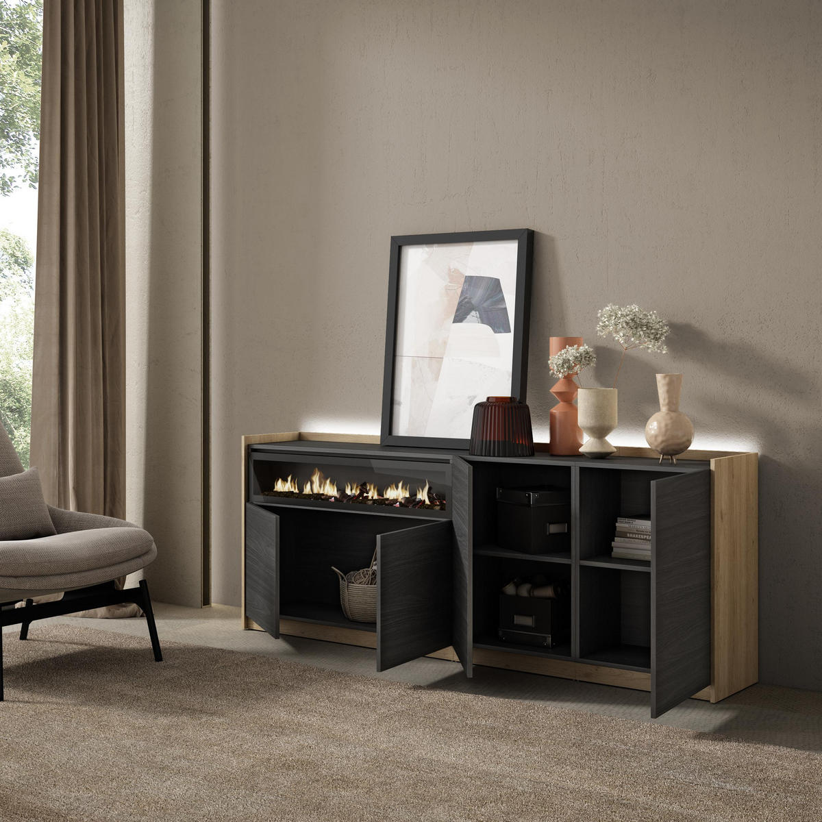 SIDEBOARD, Schwarz und Eiche, 207/37/80cm, Kamin mit Feuereffekt - Schwarz, Holzwerkstoff (207/80/37cm) - Skraut Home